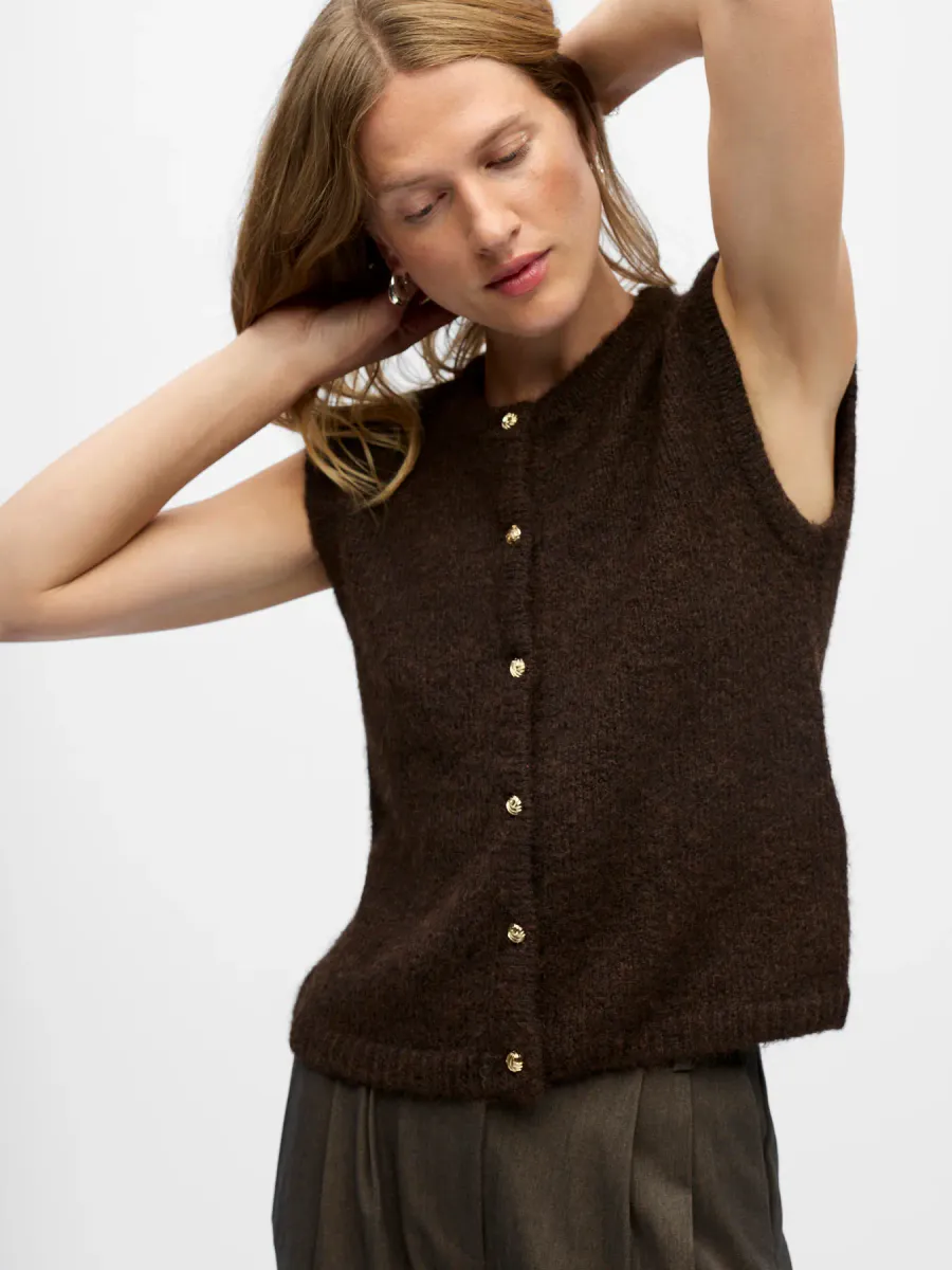 OBJSAGGIA RE KNIT VEST CARDIGAN SEAL BROWN