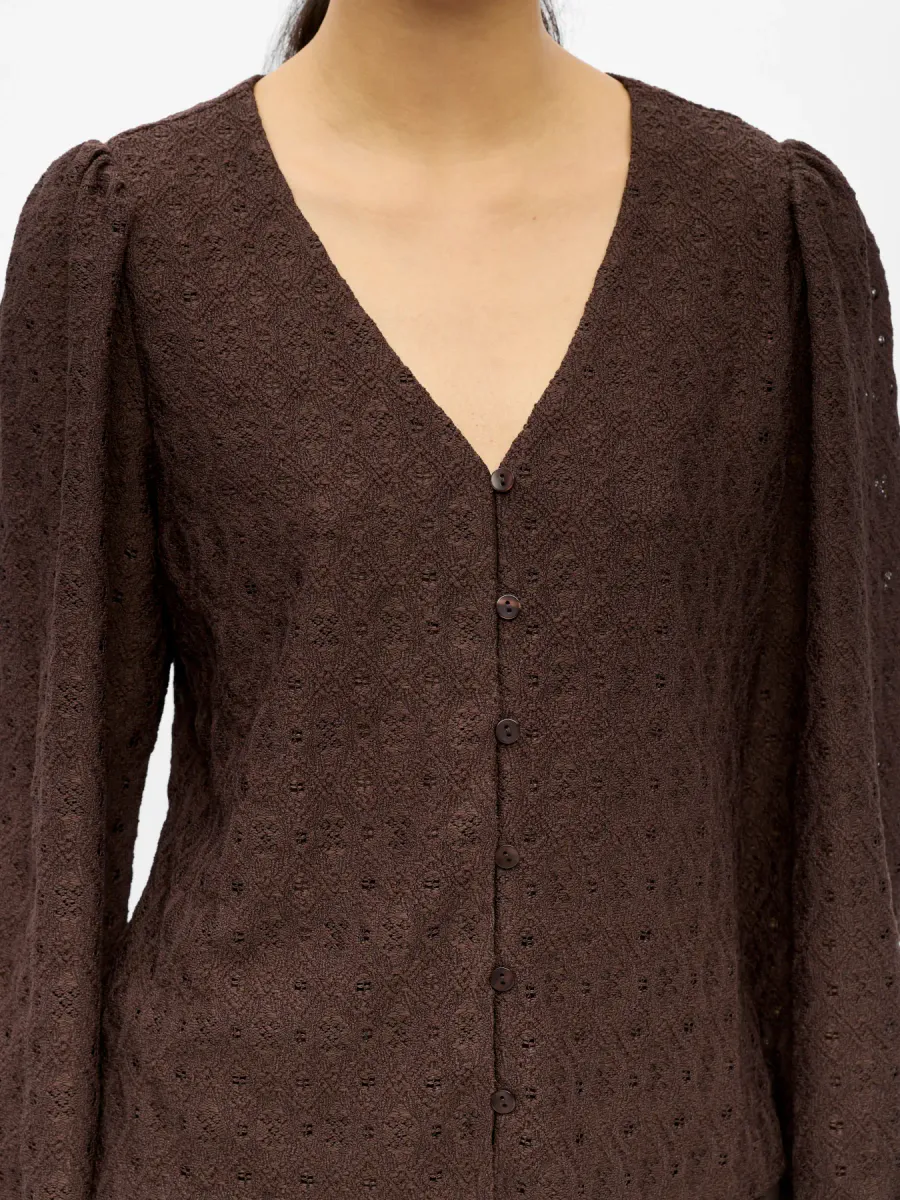 OBJLAILA L/S V-NECK TOP SEAL BROWN
