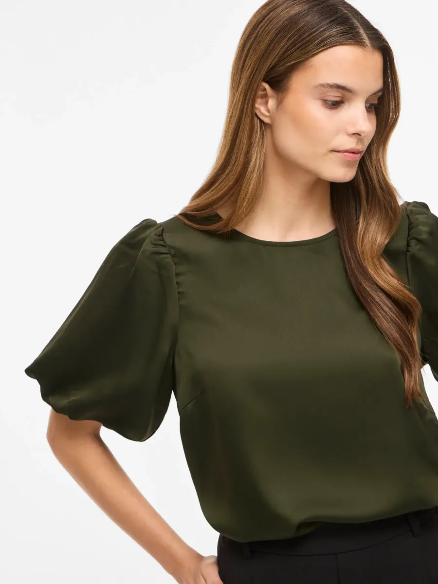 VIELLETTE 2/4 SATIN PUFF TOP  FOREST NIGHT